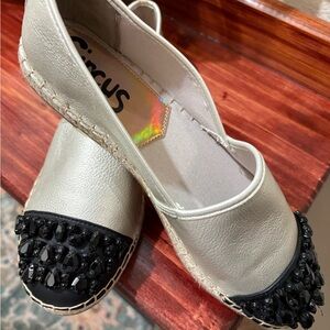 Sam Edelman Cream Espadrille Flats with Black Jeweled Cap Toe